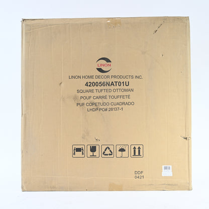 Linon Isabelle Square Upholstered Ottoman Black Legs in Natural Beige Fabric