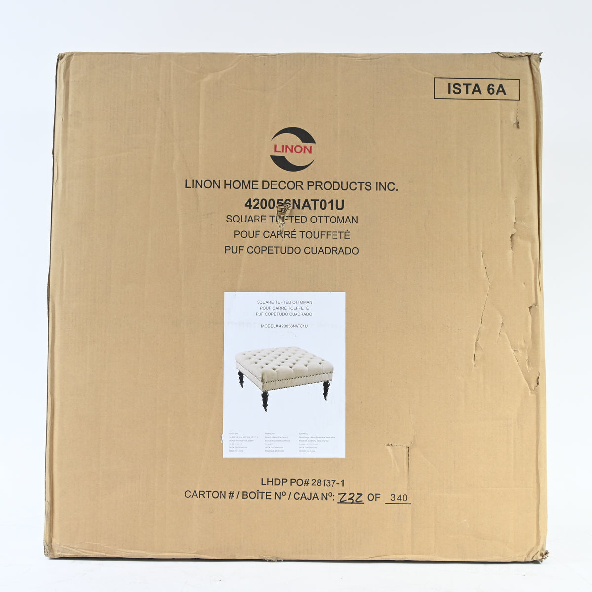 Linon Isabelle Square Upholstered Ottoman Black Legs in Natural Beige Fabric