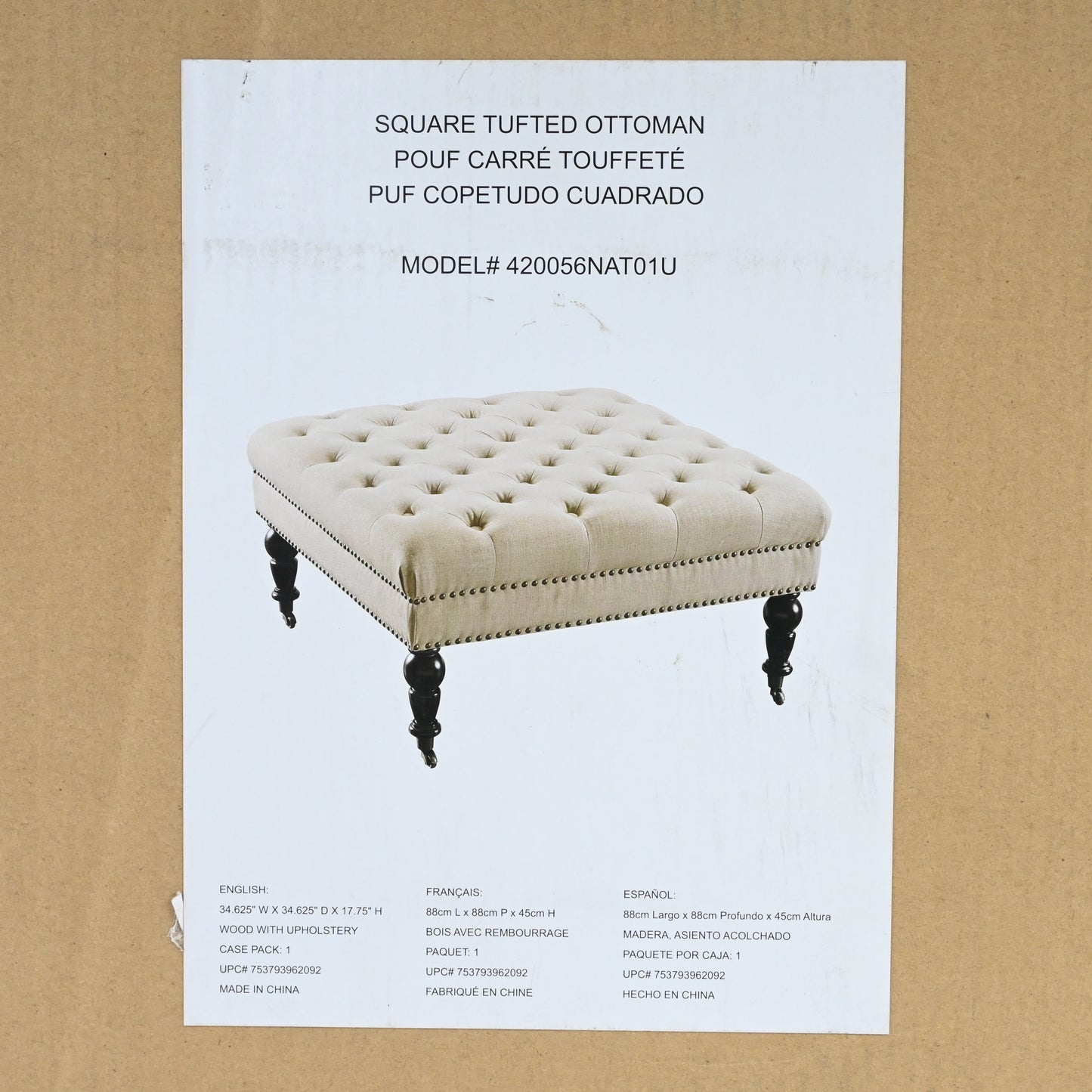 Linon Isabelle Square Upholstered Ottoman Black Legs in Natural Beige Fabric