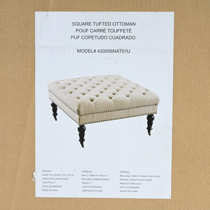 Linon Isabelle Square Upholstered Ottoman Black Legs in Natural Beige Fabric