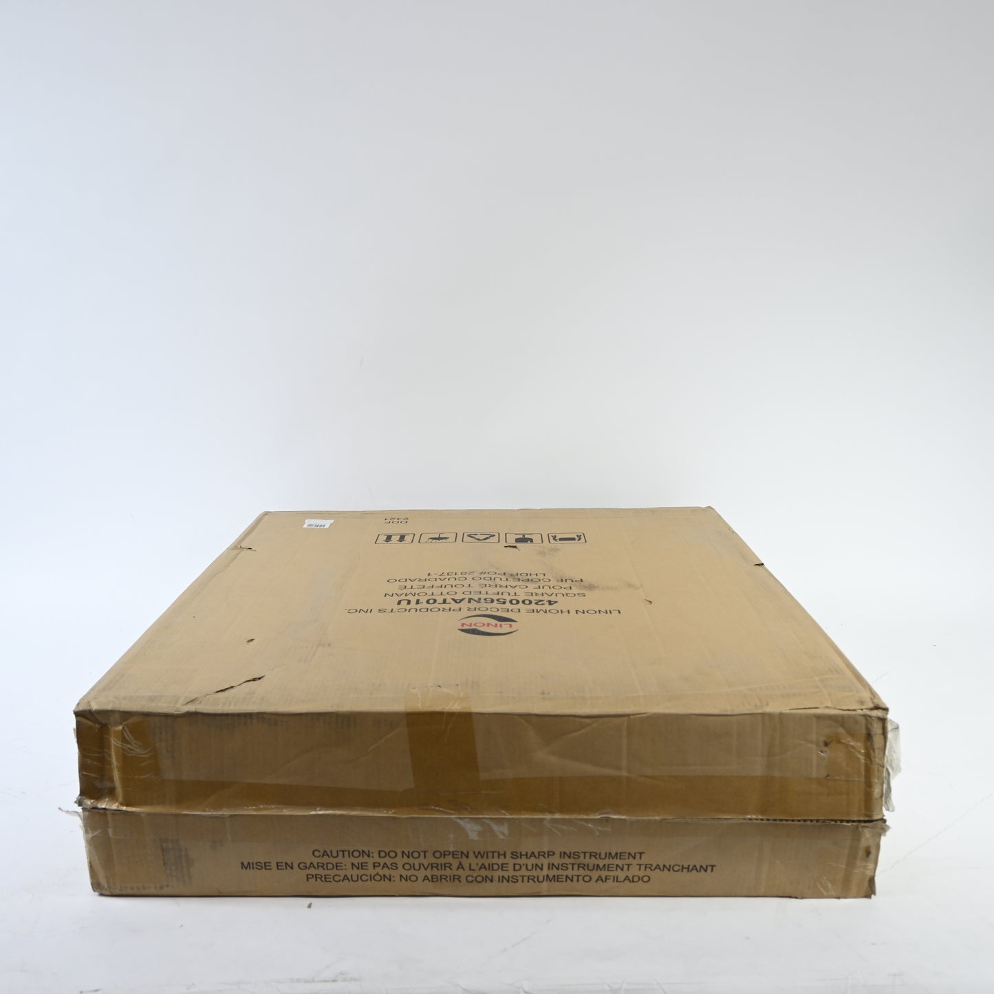 Linon Isabelle Square Upholstered Ottoman Black Legs in Natural Beige Fabric