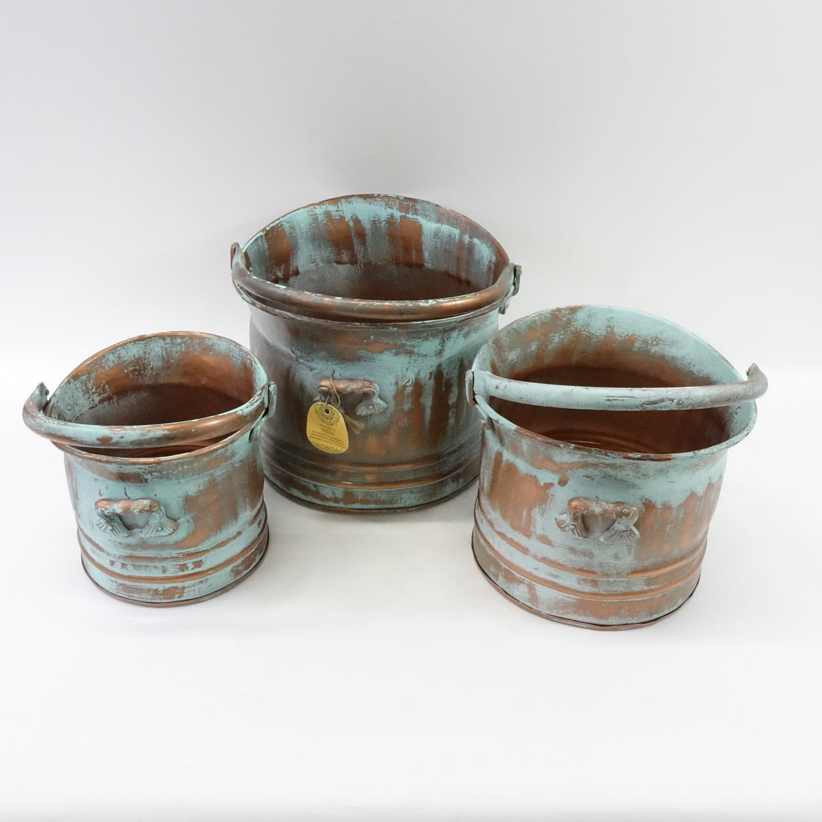 Copper Metal Patina Tulip Style Bucket Indoor Outdoor Planter, Set of 3