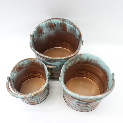 Copper Metal Patina Tulip Style Bucket Indoor Outdoor Planter, Set of 3