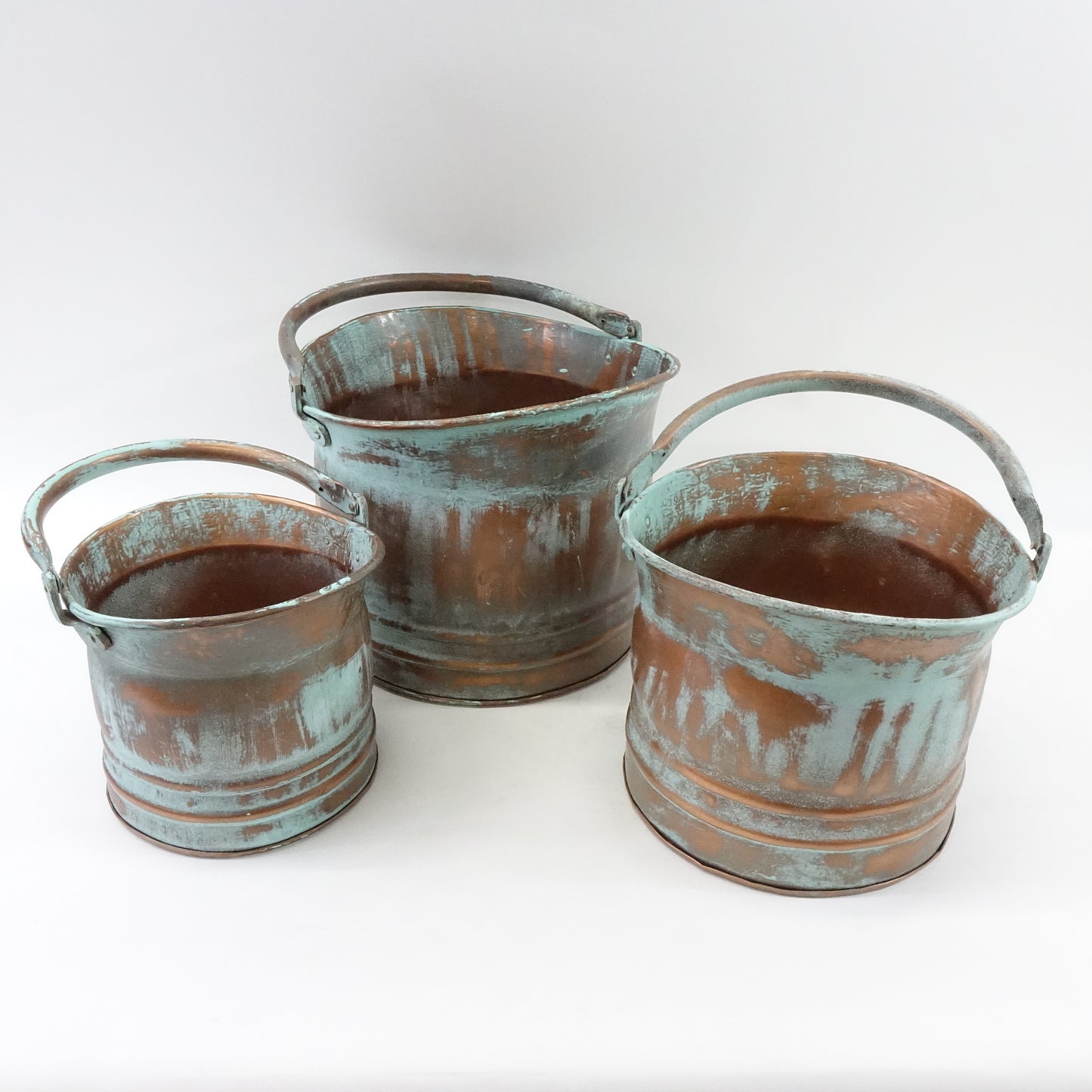 Copper Metal Patina Tulip Style Bucket Indoor Outdoor Planter, Set of 3