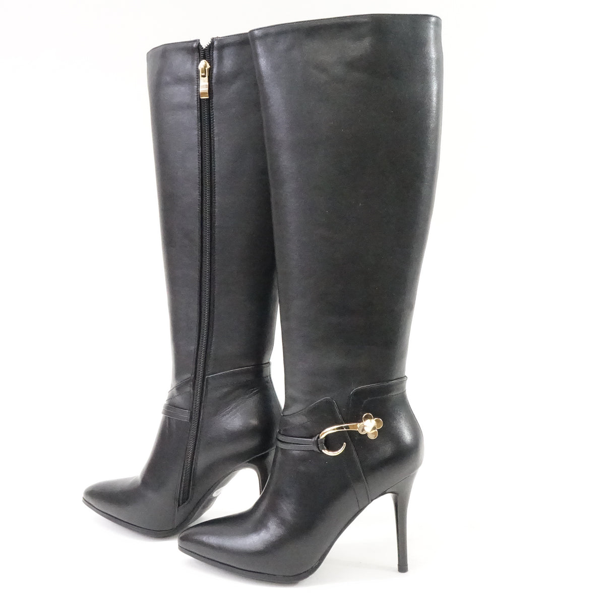 Black Leather Knee High Pointy Toe Side-Zip High Heels Dress Boots Black- 5.5 US