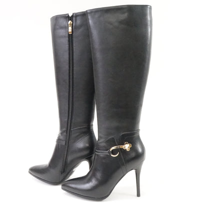 Black Leather Knee High Pointy Toe Side-Zip High Heels Dress Boots Black- 5.5 US