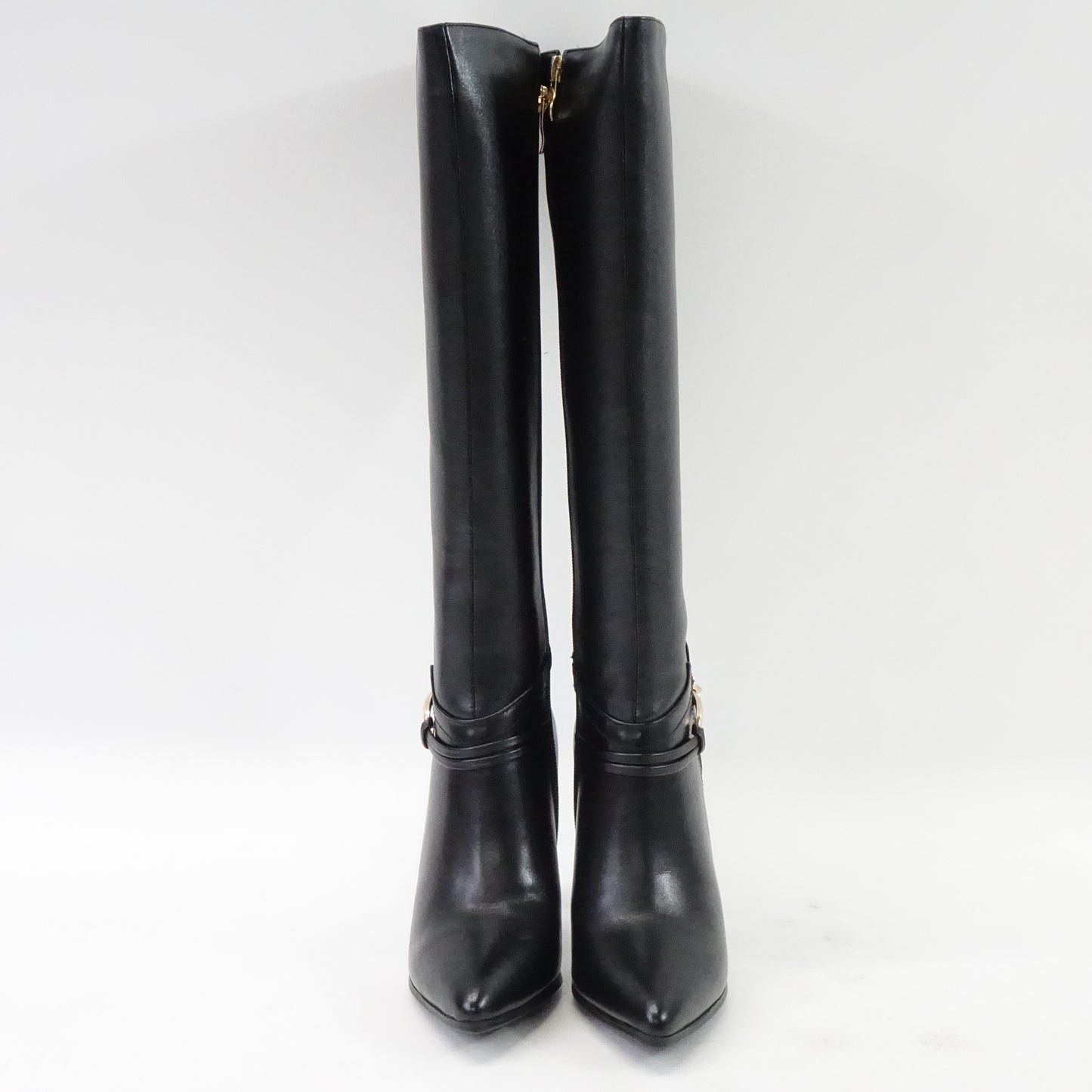 Black Leather Knee High Pointy Toe Side-Zip High Heels Dress Boots Black- 5.5 US