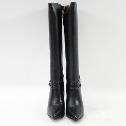 Black Leather Knee High Pointy Toe Side-Zip High Heels Dress Boots Black- 5.5 US
