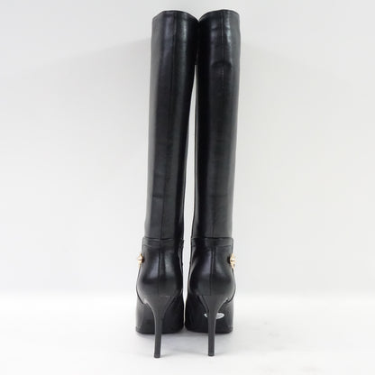 Black Leather Knee High Pointy Toe Side-Zip High Heels Dress Boots Black- 5.5 US