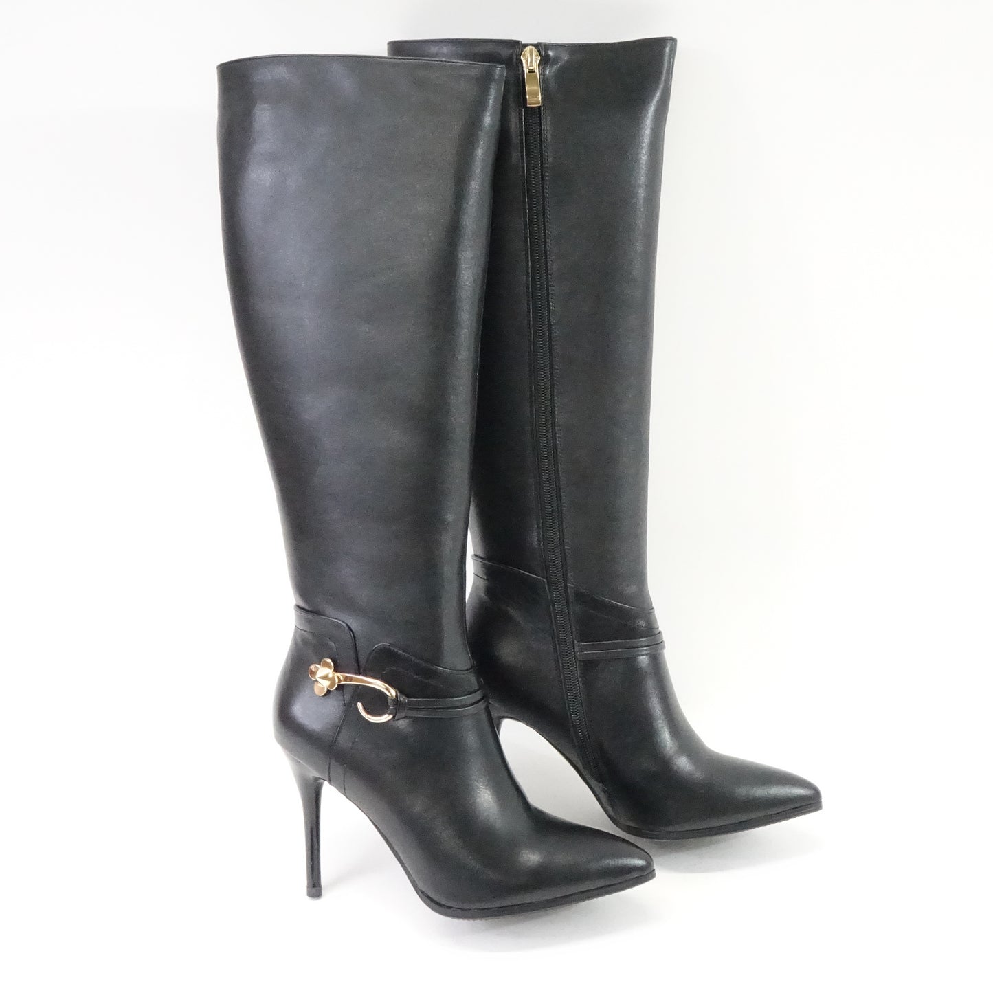 Black Leather Knee High Pointy Toe Side-Zip High Heels Dress Boots Black- 5.5 US