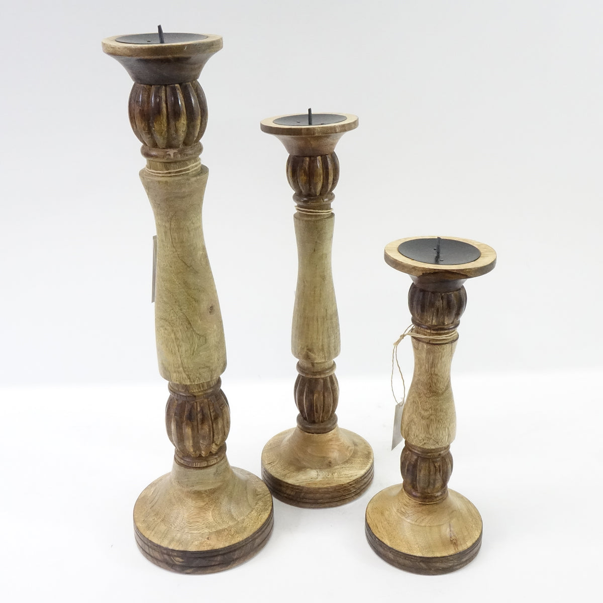 Benjara, Brown Mango Wood Vintage Style Candleholder/Candlestick, Set of 3