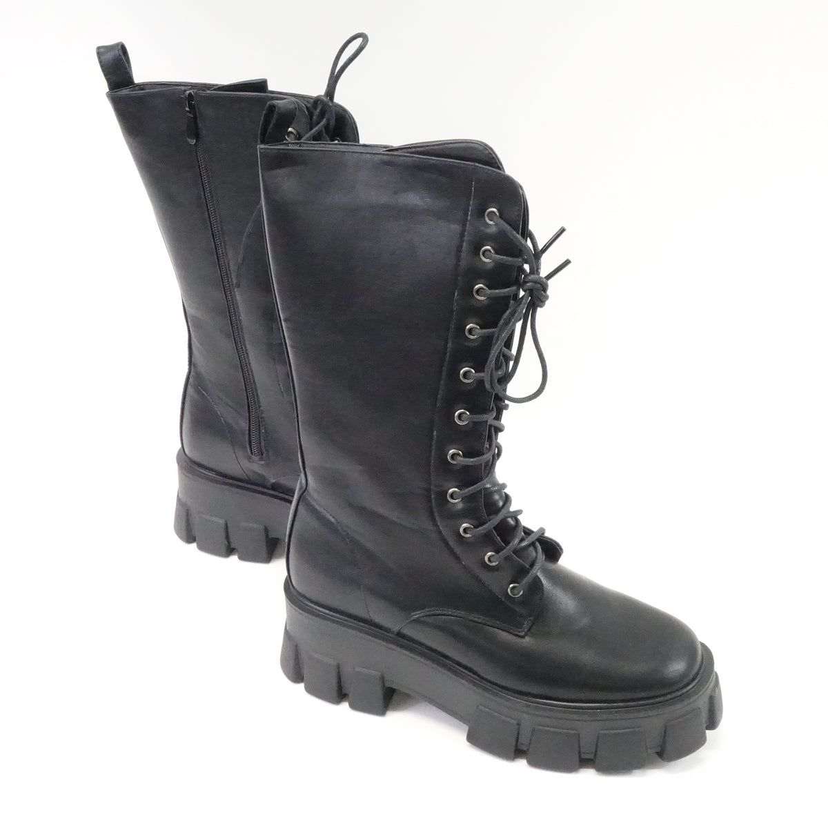 Women's Combat Lace Up Platform Boots Side Zip (RS-ROTA17-BK, US 8)