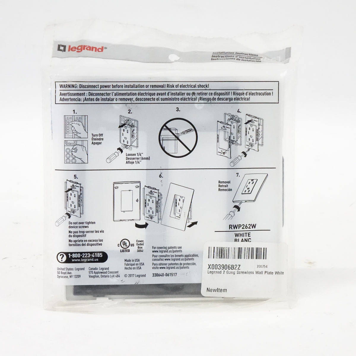 Legrand 2 Gang Screwless Wall Plate White Outlet Cover - New