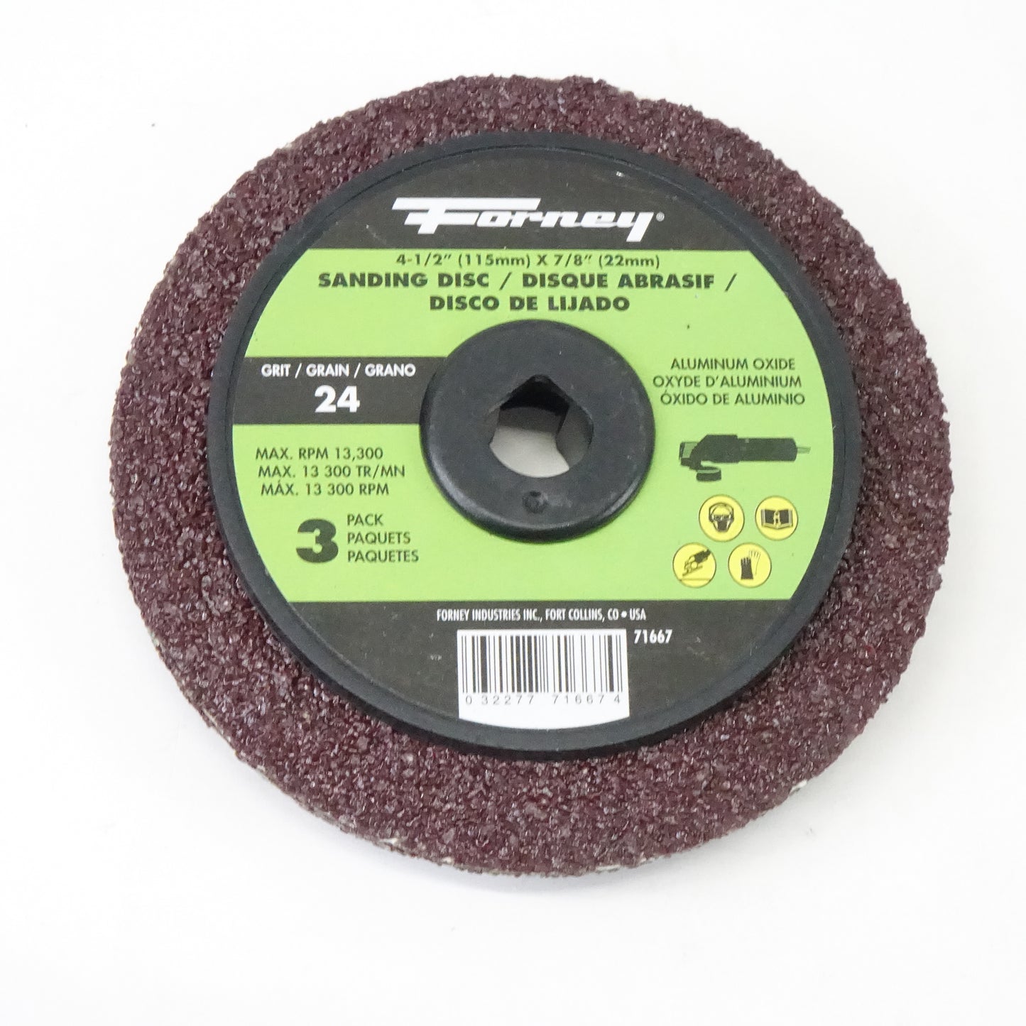Forney 71667 Aluminum Oxide Discs 7/8" Arbor 4-1/2", 24-Grit 3 Pack - New