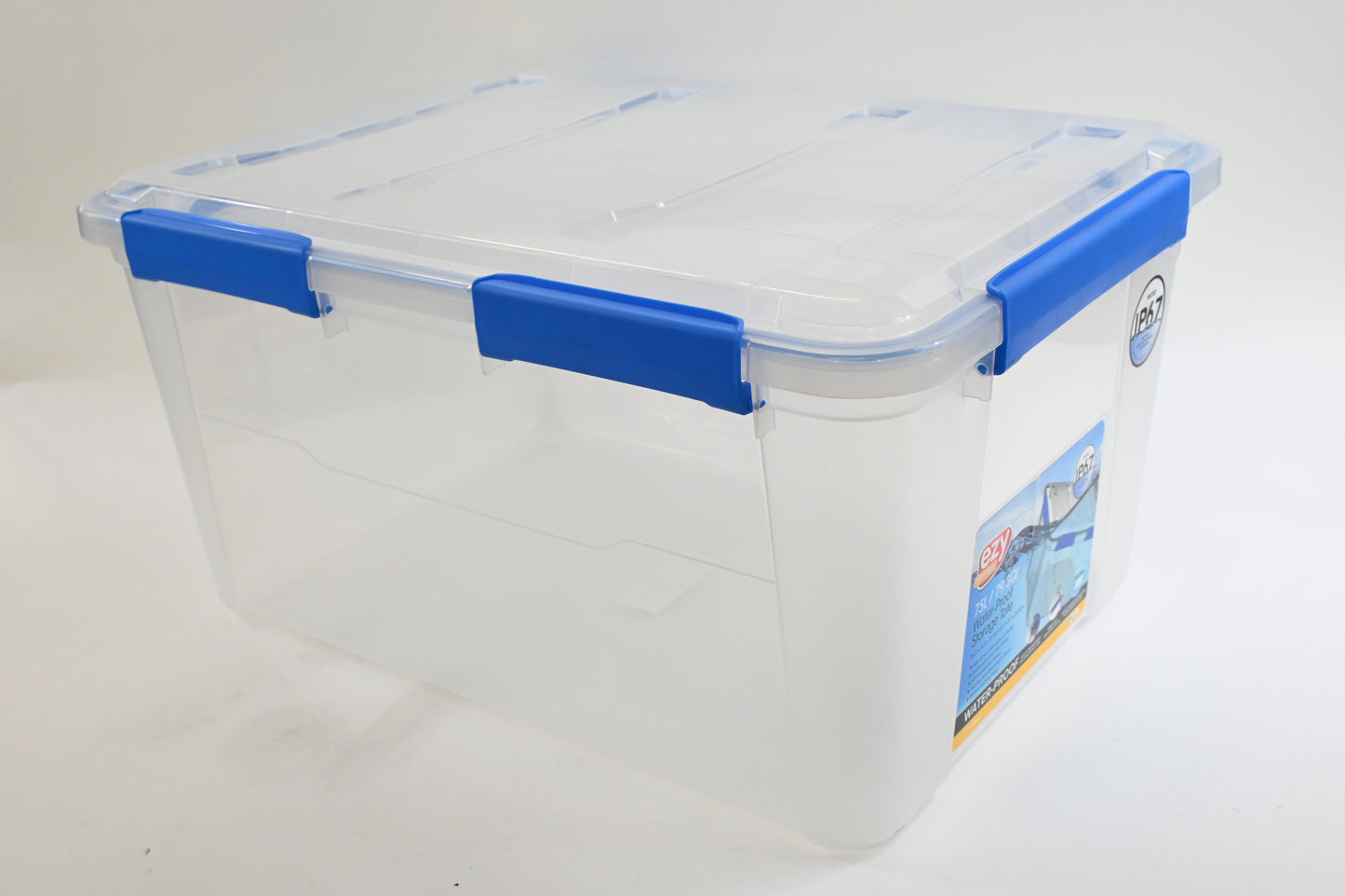 Ezy Storage 75L 79.3 Qt IP67 Waterproof Storage Box Clear Tote Heavy Duty Blue L