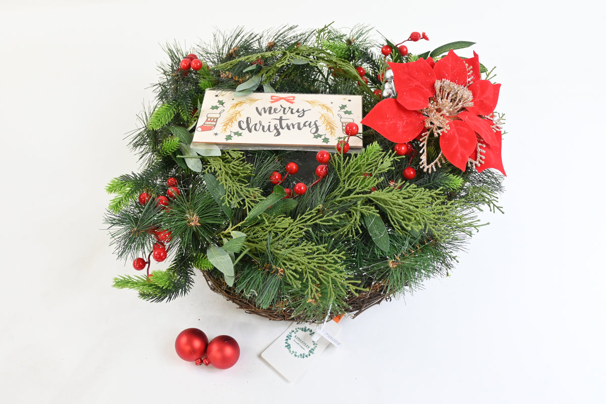 KINLEYLEE 22" Christmas Wreath for Front Door, Pine Cone Poinsettia Faux Wreath