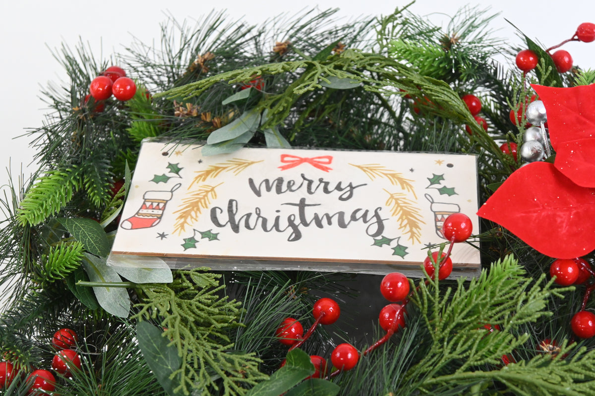 KINLEYLEE 22" Christmas Wreath for Front Door, Pine Cone Poinsettia Faux Wreath