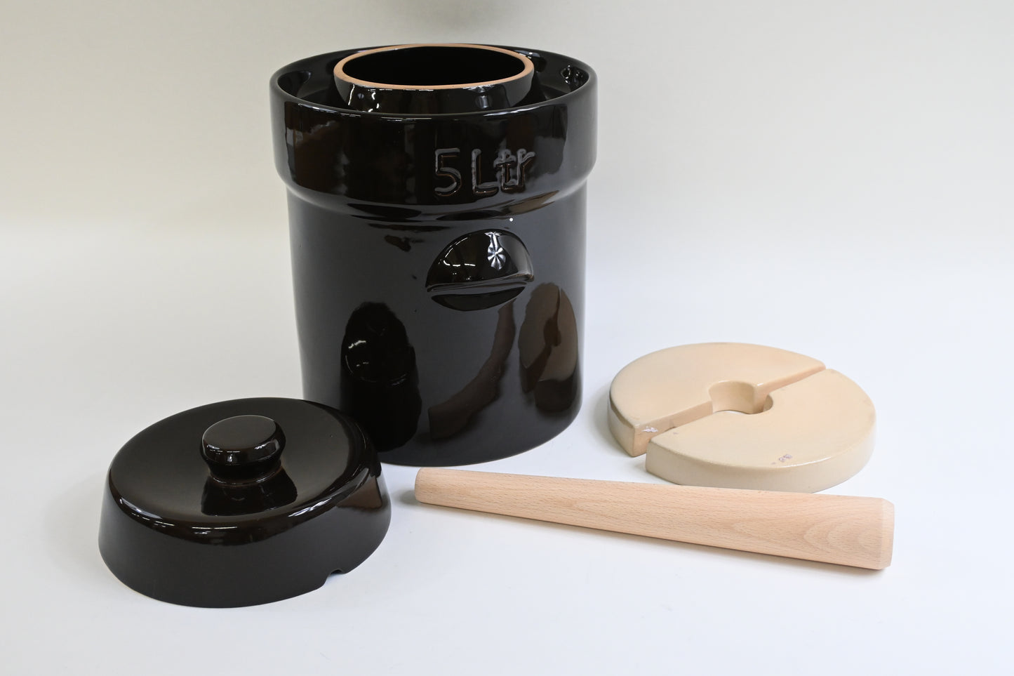 Fermentation Crock Jar 5 Liter / 1.3 Gallon w/Stone Weights, Lid & Pickle Tamper