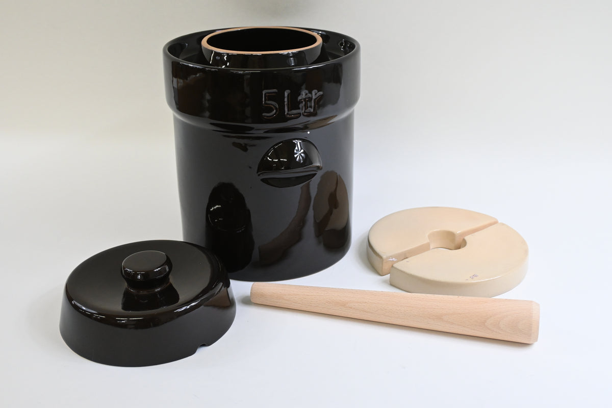 Fermentation Crock Jar 5 Liter / 1.3 Gallon w/Stone Weights, Lid & Pickle Tamper