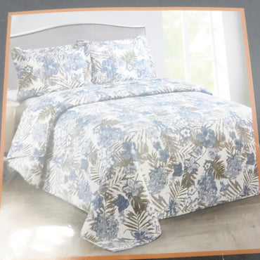 Fancy Linen Coverlet Bedspread Set Hawaiian Flowers White Blue Maui - New