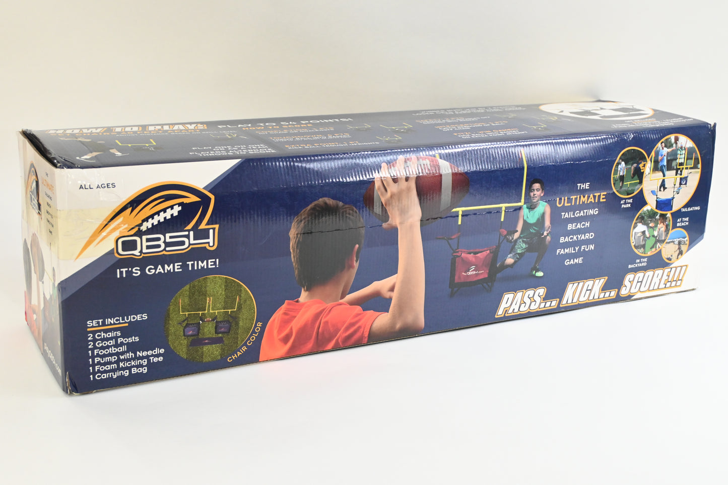QB54 Outdoor Football Set - Football Toss and Kick Game Built into 2 Folding Chairs - Navy