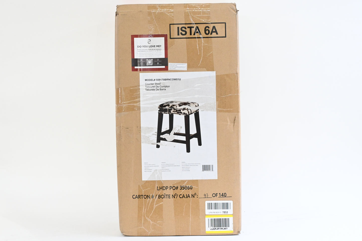 Linon Cowhide Counter Stool, Cowprint, Brown/White