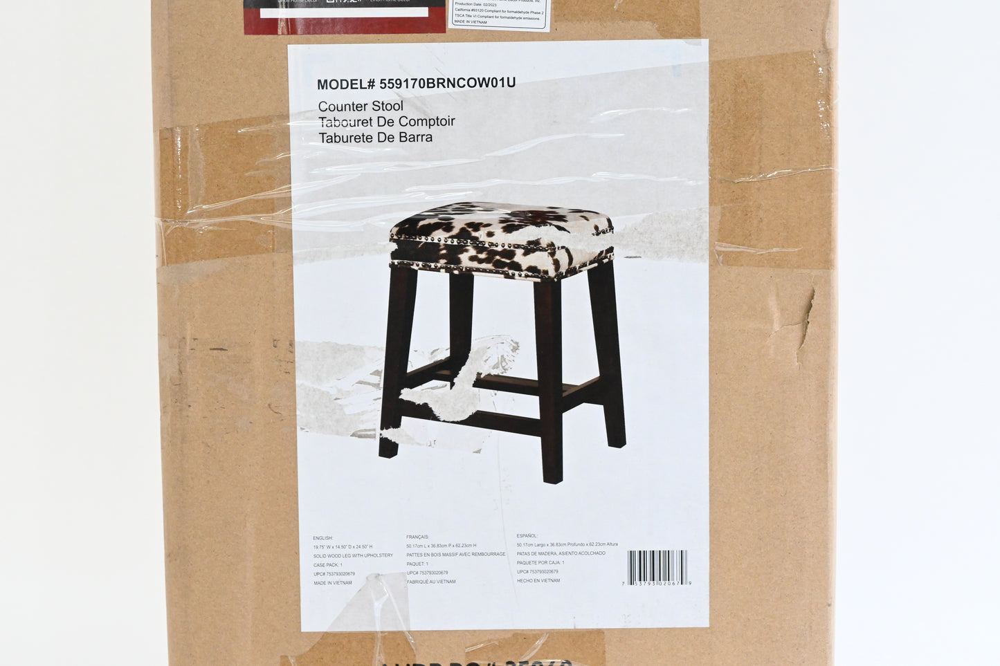 Linon Cowhide Counter Stool, Cowprint, Brown/White