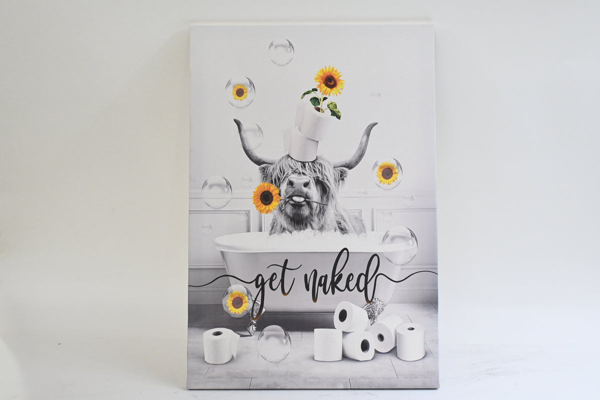 WALLOHERE Bathroom Canvas Wall Art of Cow In Bathtub w/ Sunflower, Black/White