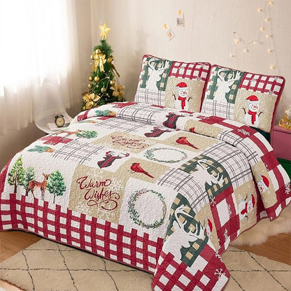 WONGS BEDDING King Christmas Quilt Set 103" Snowman Cardinal Tree - New