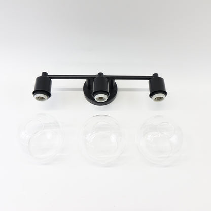 3-Light Industrial Globe Vanity Light 19.7" Metal Wall Sconce Black Clear Glass