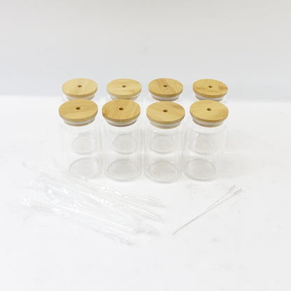 Eight Piece Drinking Glass Set with Bamboo Lids and Straws