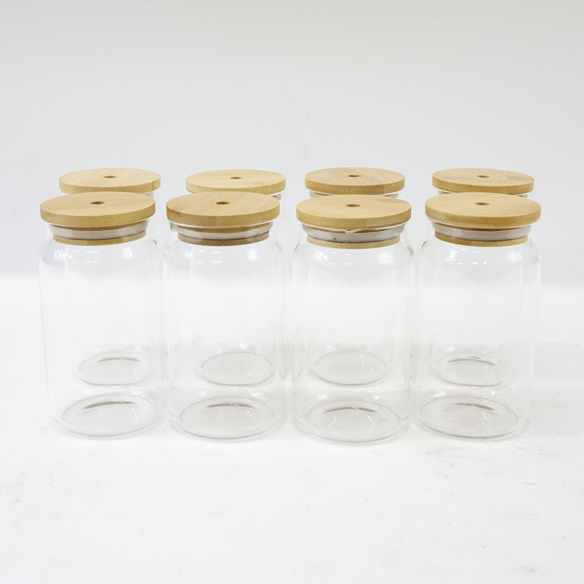 Eight Piece Drinking Glass Set with Bamboo Lids and Straws