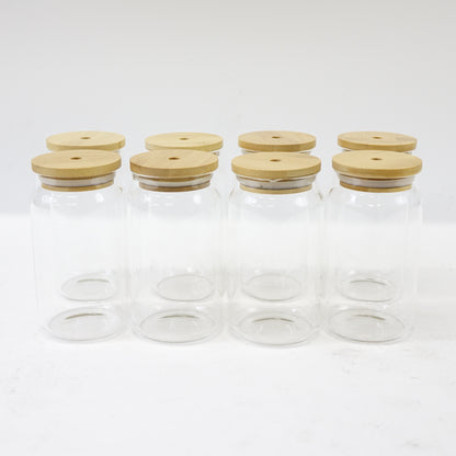Eight Piece Drinking Glass Set with Bamboo Lids and Straws