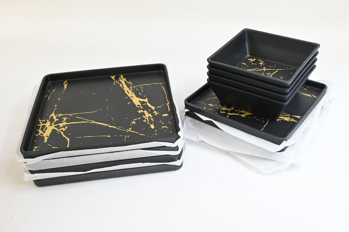 Melamine Dinnerware Set 12 Piece Square Plates & Bowls Service for 4 Black Gold