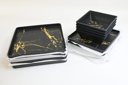 Melamine Dinnerware Set 12 Piece Square Plates & Bowls Service for 4 Black Gold