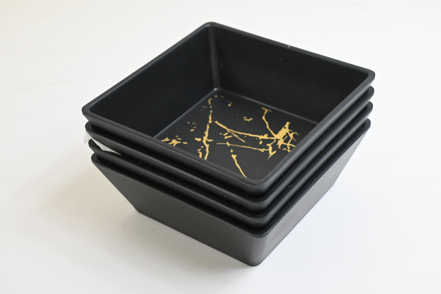 Melamine Dinnerware Set 12 Piece Square Plates & Bowls Service for 4 Black Gold