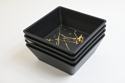 Melamine Dinnerware Set 12 Piece Square Plates & Bowls Service for 4 Black Gold