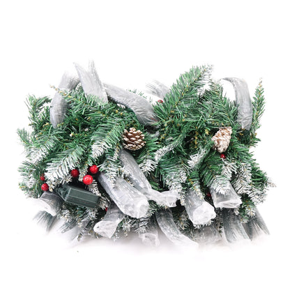 9FT Pre-Lit Christmas Garland Snowy Pine Cones Holly Berries Battery Operated