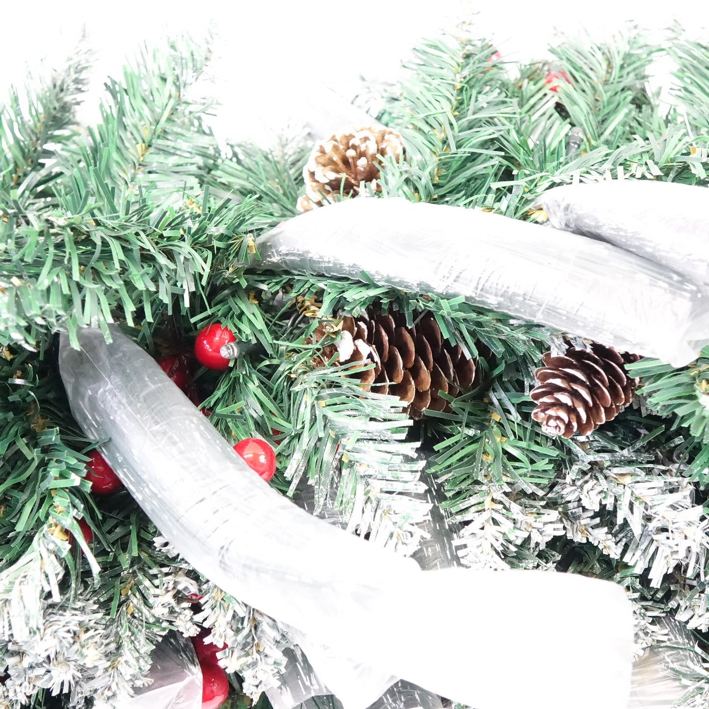 9FT Pre-Lit Christmas Garland Snowy Pine Cones Holly Berries Battery Operated