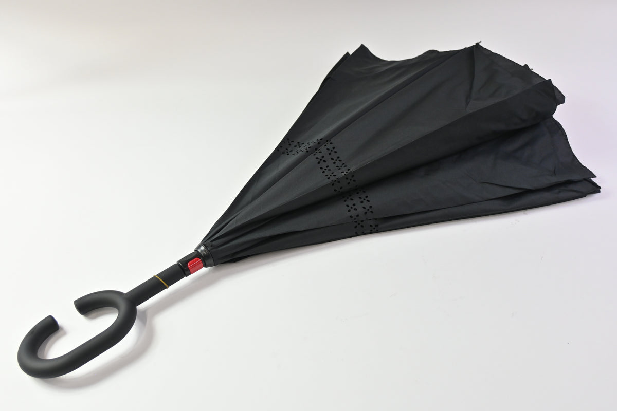 Black Double Layer Inverted Umbrella, C Shaped Handle Reverse Folding