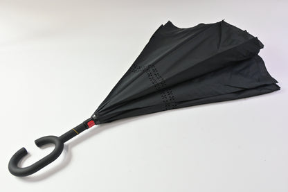Black Double Layer Inverted Umbrella, C Shaped Handle Reverse Folding