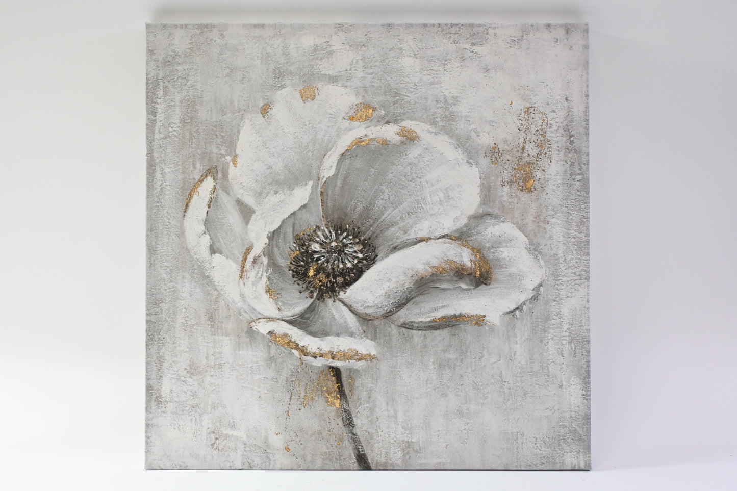 Modern Abstract Gray White Gold Floral Canvas Wall Art Textured Flower Print - N