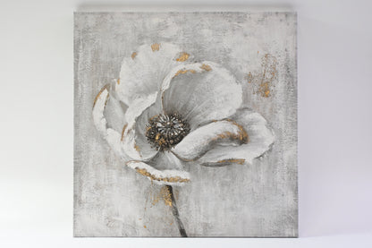 Modern Abstract Gray White Gold Floral Canvas Wall Art Textured Flower Print - N