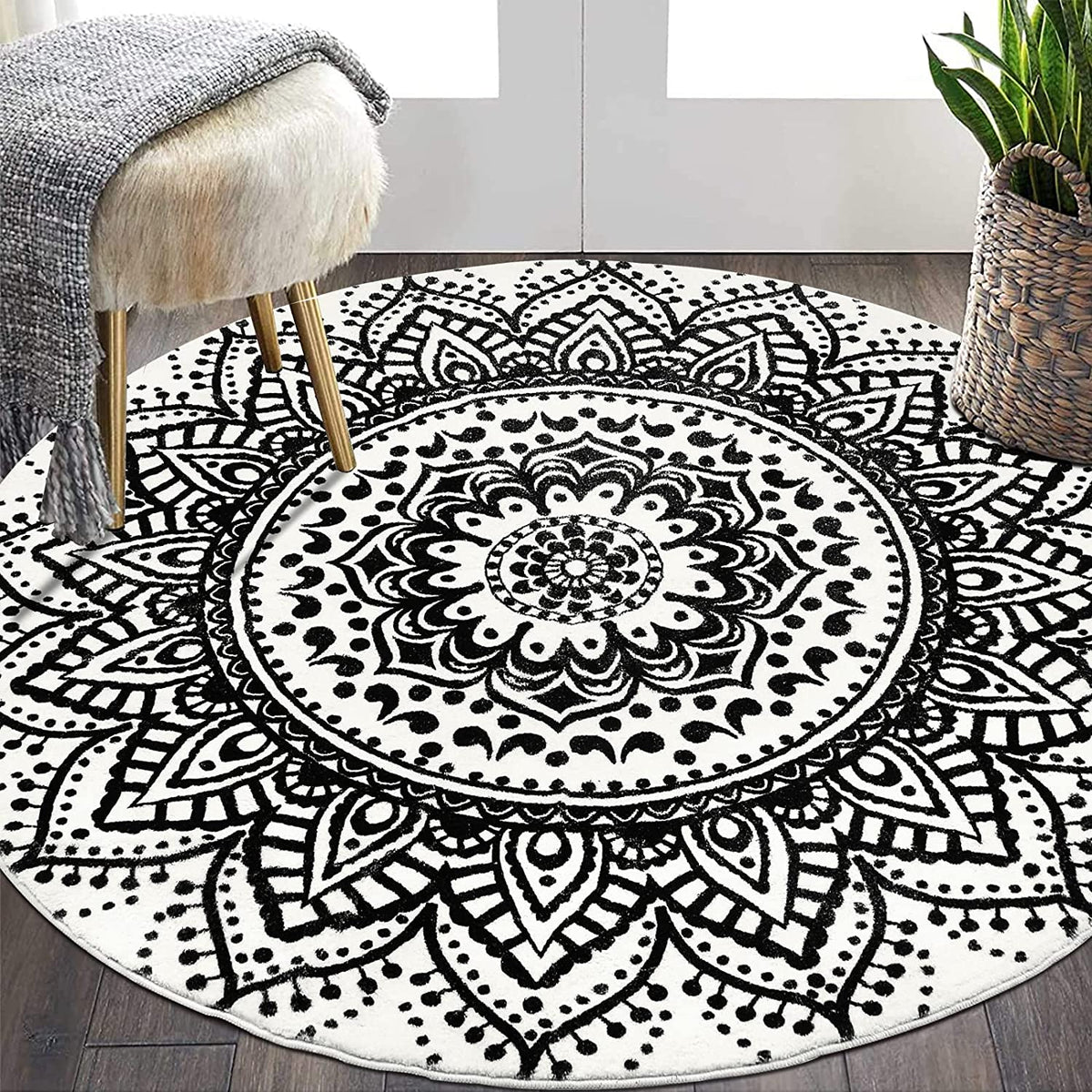 4ft Mandala Boho Round Rug, Non-Slip, Washable, Soft, White/Black