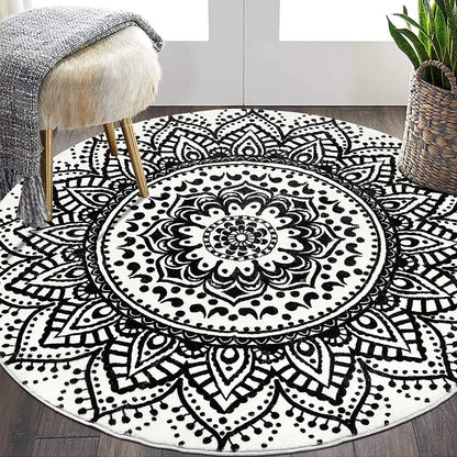 4ft Mandala Boho Round Rug, Non-Slip, Washable, Soft, White/Black
