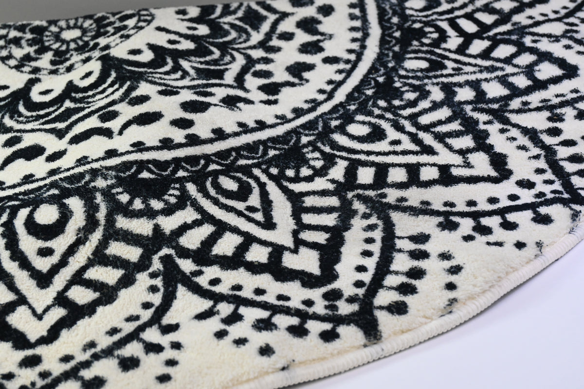 4ft Mandala Boho Round Rug, Non-Slip, Washable, Soft, White/Black