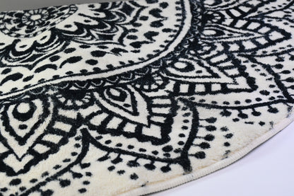 4ft Mandala Boho Round Rug, Non-Slip, Washable, Soft, White/Black