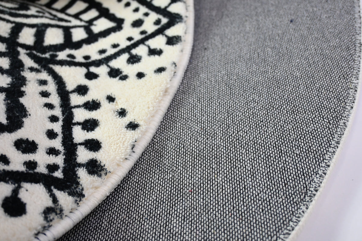4ft Mandala Boho Round Rug, Non-Slip, Washable, Soft, White/Black