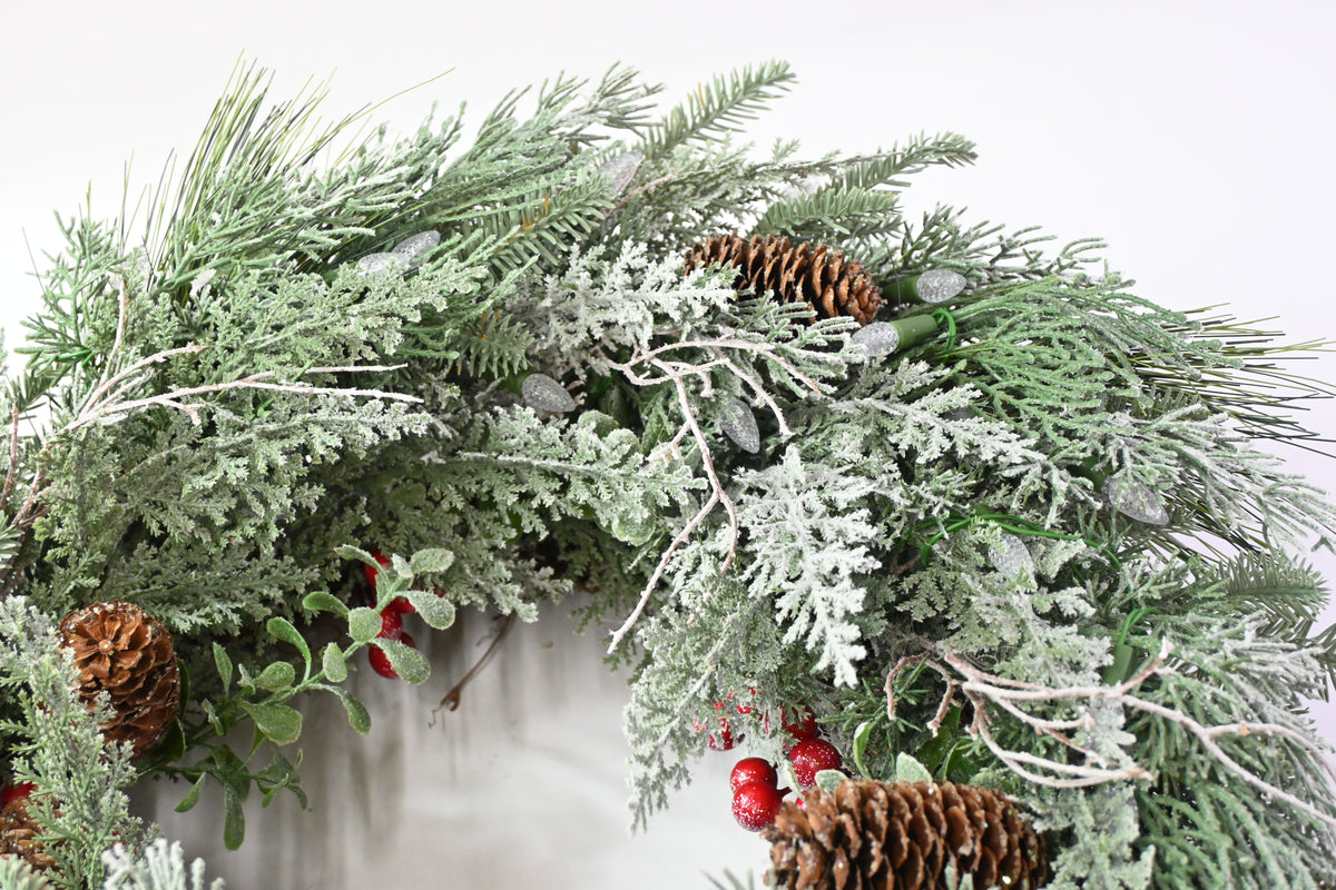 AMERZEST Pre-Lit Christmas/Winter Wreath for Front Door Outdoor Battery Operated
