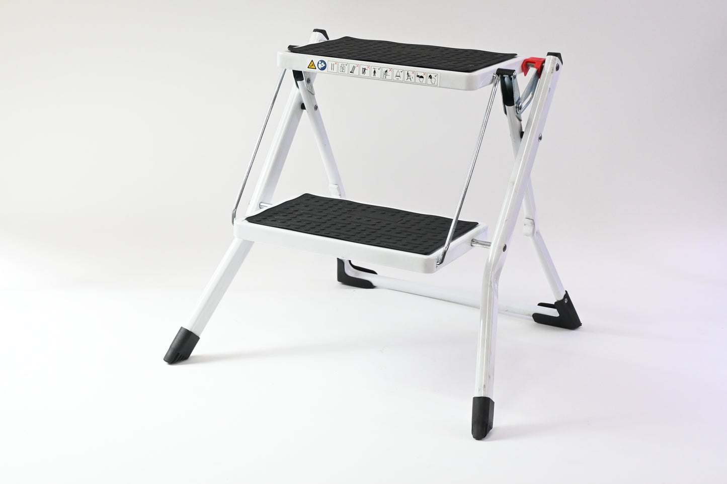White Metal Step Stool, 2 Steps, Foldable, Non Slip Tread Steps